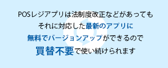 POSレジアプリは法制度改正などがあってもそれに対応した最新のアプリに無料でバージョンアップができるので買替不要で使い続けられます